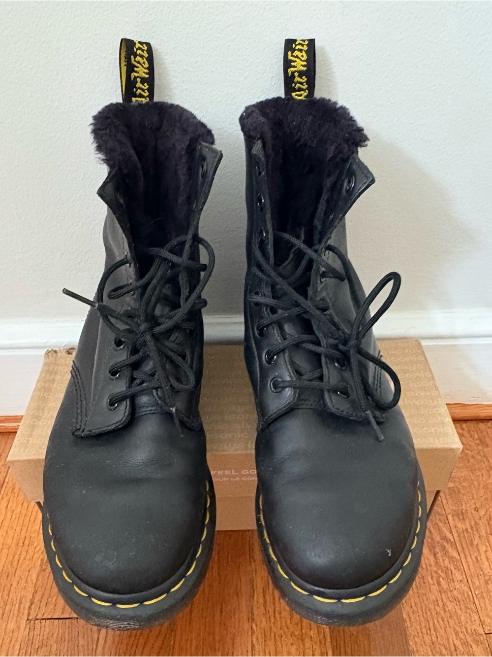 Dr. Martens Black Lace-Up Fur-Trim Combat Boots with Yellow Stitching